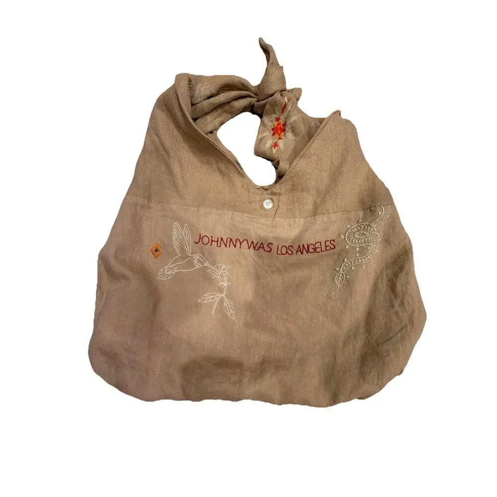 Johnny Was Los Angeles Hobo Bag Purse Linen Aztec Southwest Tie Knot SAGUARO Tan